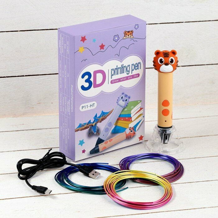 3D ручка Тигрёнок, работа с пластиком PLA, USB кабель питания, оранжевая 9729779