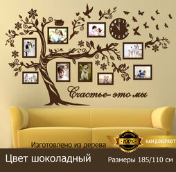 Семейное дерево Золотой Жук с фоторамками и часами, цвет шоколадно-коричневый, размер 185/110