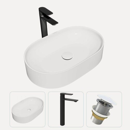 Изображение товара Раковина накладная для ванной Teymi Iva 52 в комплекте смеситель высокий черный матовый и донный клапан клик-клак без перелива белый F01891