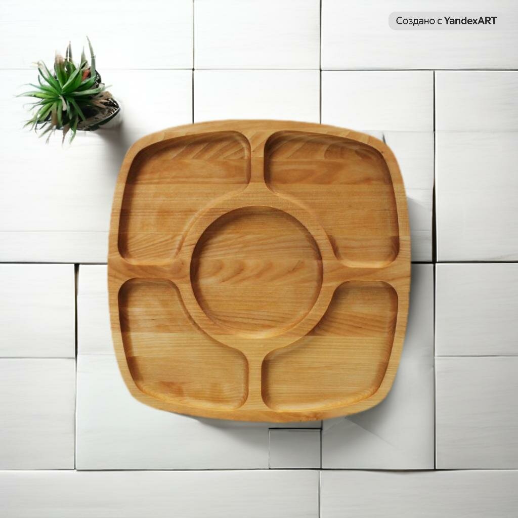 фото Менажница деревянная квадратная. Тарелка деревянная для закусок береза, 5 отделений