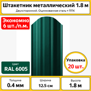 Штакетник металлический (евроштакетник) полукруглый (20 шт.) / высота 1.8 м / ширина 12,5 см / 0.4 мм / зеленый / оцинкованный