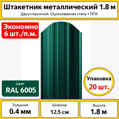 Штакетник металлический (евроштакетник) полукруглый (20 шт.) / высота 1.8 м / ширина 12,7 см / 0.4 мм / зеленый / оцинкованный