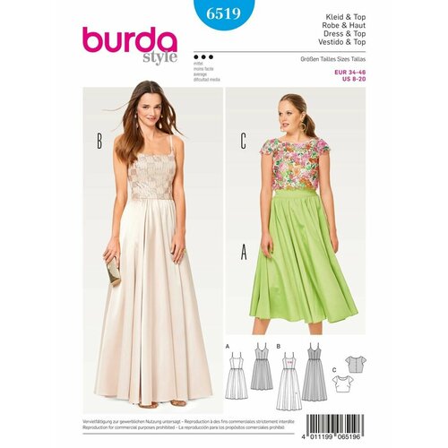 Выкройка Burda 6519 Платье, Топ ткань блузочно плательное однотонное шитье с фестонами по обеим кромкам 1 м