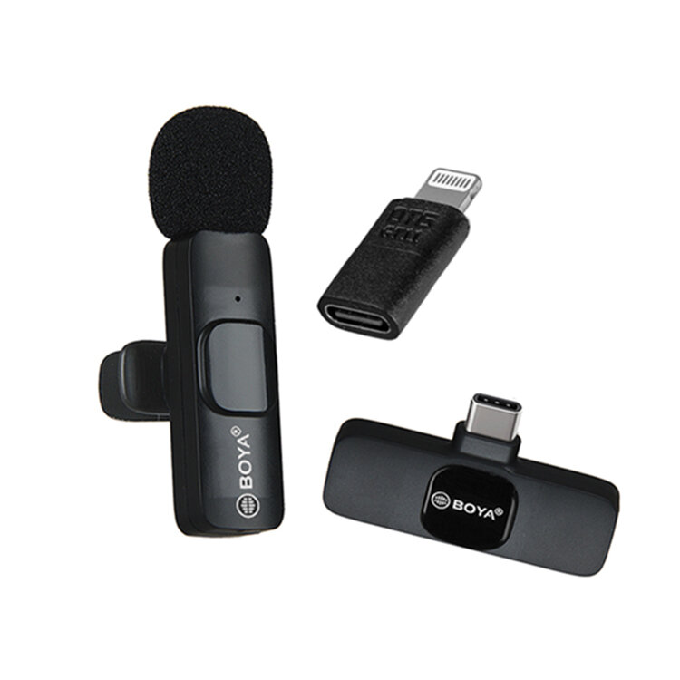 Петличный микрофон Bluetooth с разъемом Type-С и адаптером Lightning Boya WM-2