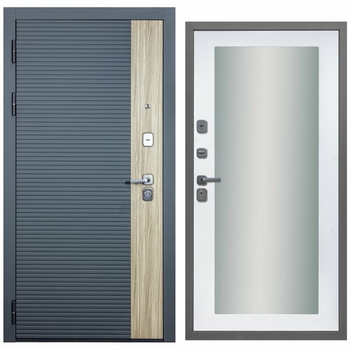 Дверь входная металлическая DIVA-76 Зеркало 2050*960 Левая (Дуб / Серая - Д20 Белый софт), тепло-шумоизоляция, антикоррозийная защита для квартиры.