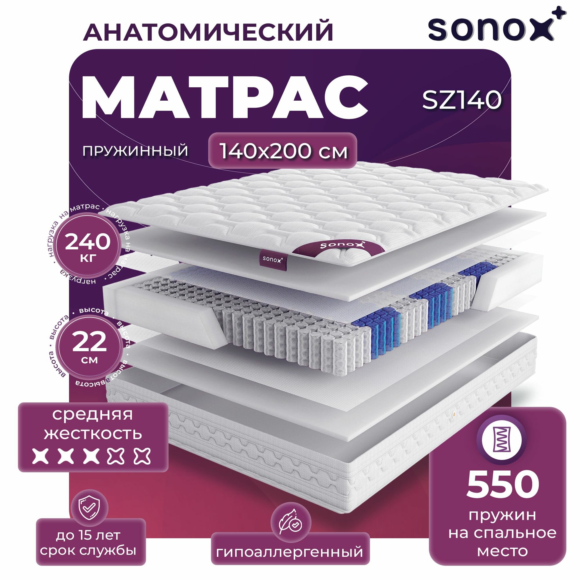 фото Матрас на кровать ортопедический SONOX 140х200 пружинный SSE140200