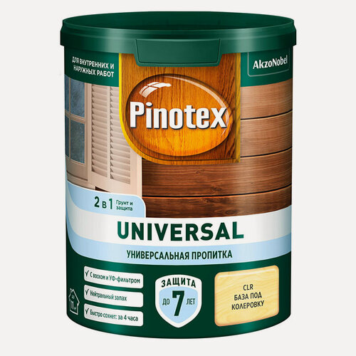 Изображение товара Пропитка PINOTEX UNIVERSAL 2 в 1 для защиты древесины, на водной основе, CLR база под колеровку 0,9л