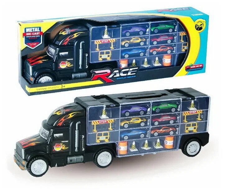 Машинка "Автовоз" в комплекте с металлическими машинками и дорожными знаками, без механизмов, 49х10х