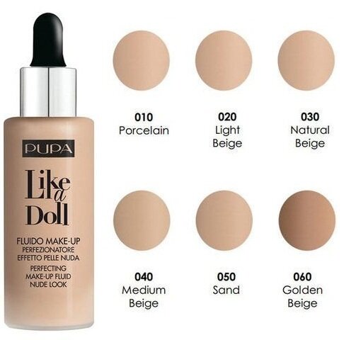 Pupa Крем тональный Like A Doll - Make-Up Fluid Nude Look, тон №020, Светлый бежевый, 30 мл