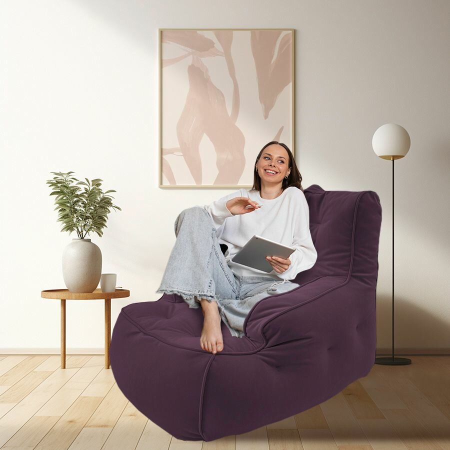 фото Ambient lounge Кресло-мешок / современное кресло для отдыха - Tranquility Armchair - Sakura Pink (велюр, фиолетовый) - бескаркасная мягкая мебель в гостиную, спальню, зону ожидания.