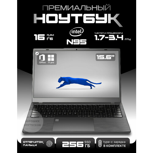 Ноутбук Premium 15,6" IPS, Intel N95 4*3,4GHz, RAM 16Gb, PD Type-c, 1080p camera, 5000mAh, 128Gb SSD nvme темный, серый