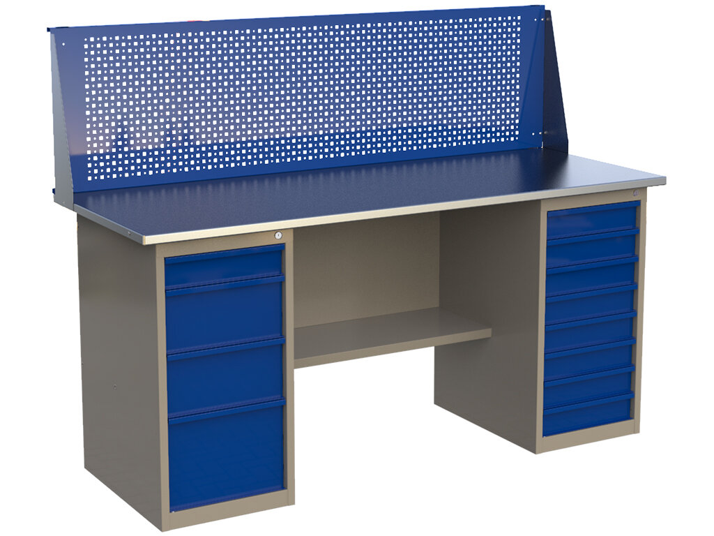 фото Стол верстак слесарный металлический с 2 тумбами 4 и 8 ящиков, с экраном, 1800 мм, MasterLine, Wellmet ML 1800 ML4/ML8P
