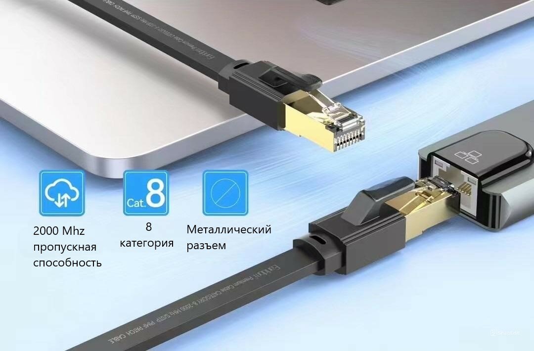 Интернет кабель 10 метров, LAN провод для интернета, Cat 8 кабель, частота 2 ГГц, высокая скорость 40 Гбит/с, металлический разъем RJ-45, черный — фото 1