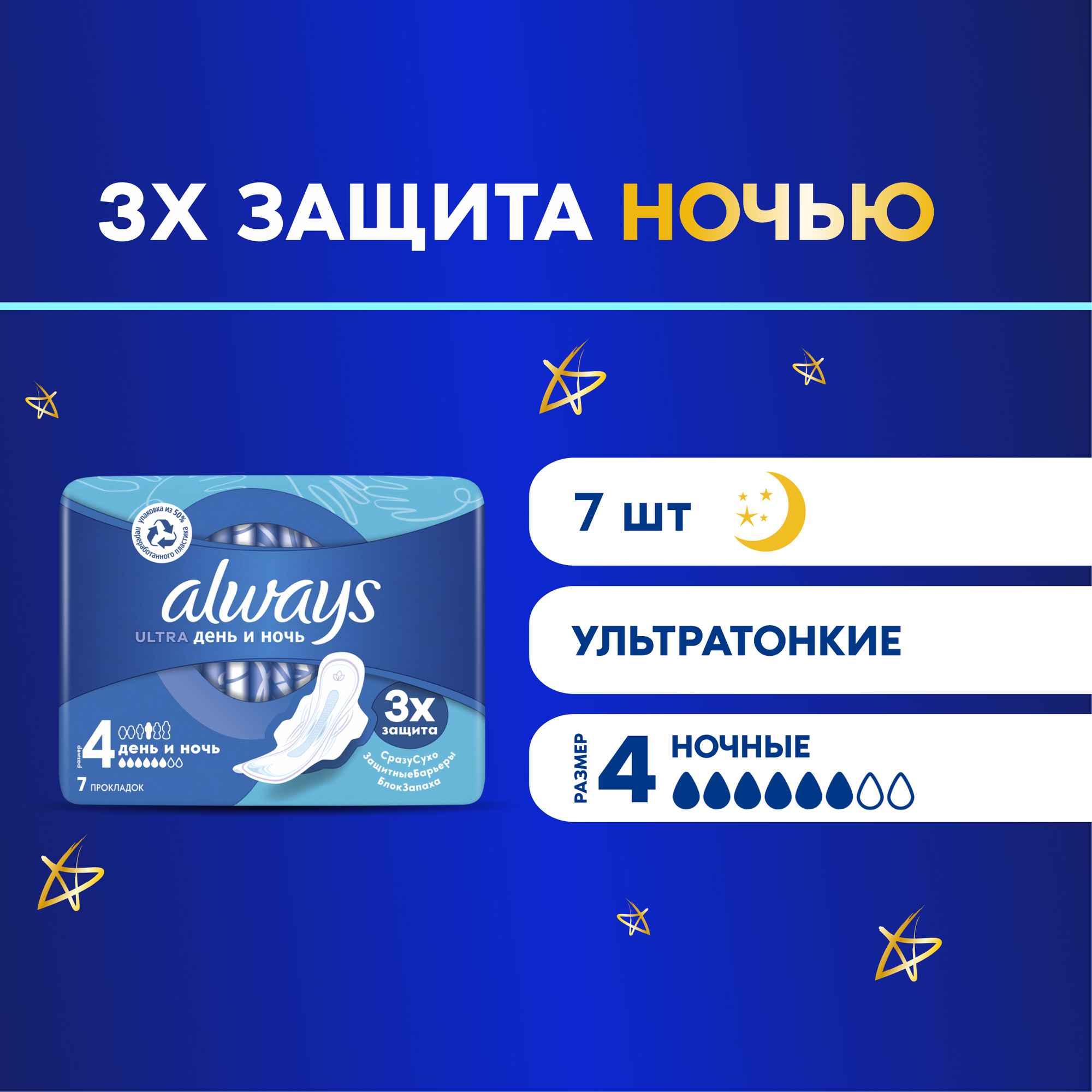 Прокладки Always Ultra Night, впитываемость 6 капель, ночные, 60г