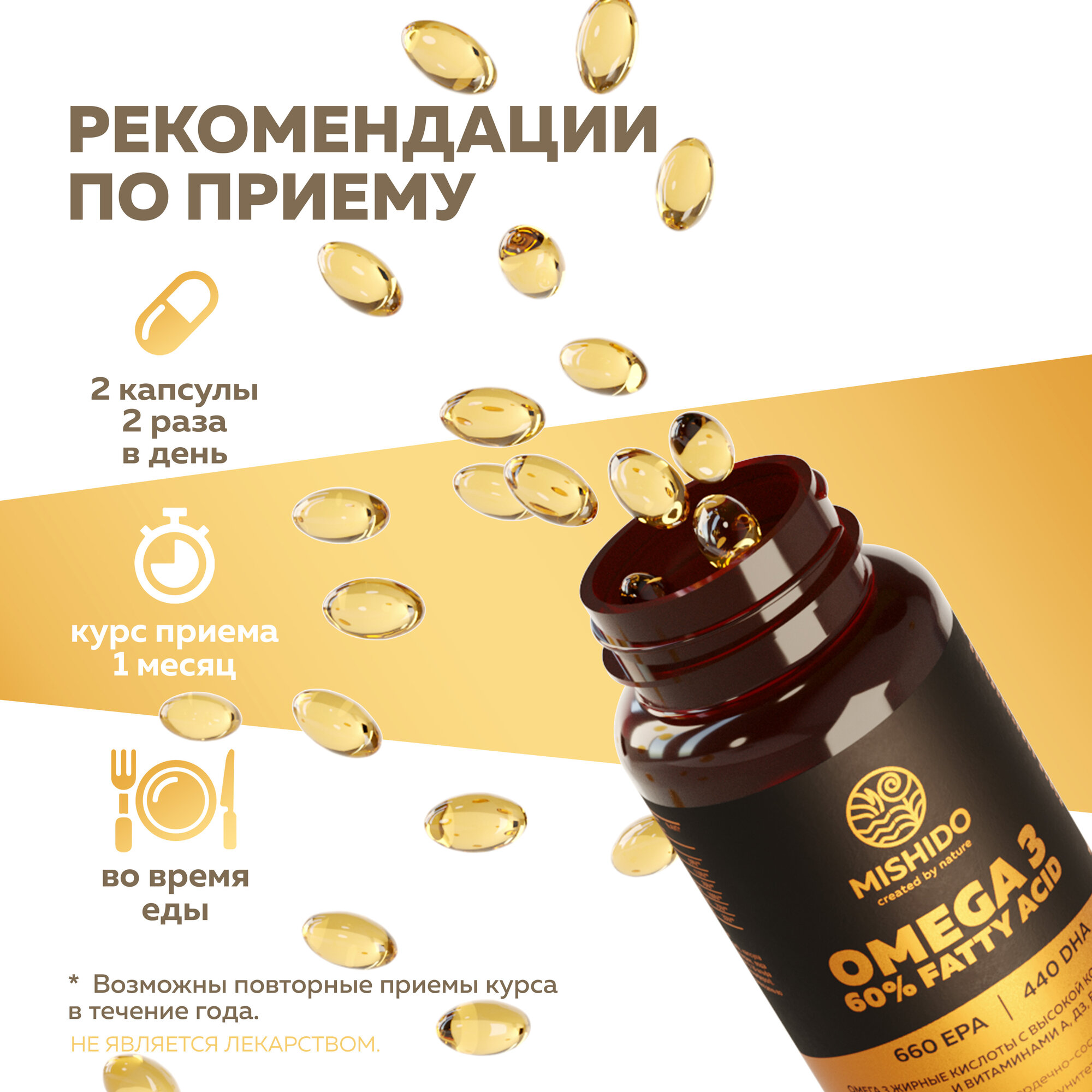 Омега 3 высокой концентрации 60% + Витамины А Е Д3 MISHIDO 120 капсул, Omega 3 рыбий жир для взрослых и детей — фото 1