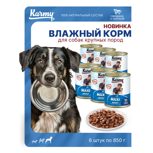 Полнорационный консервированный корм KARMY MAXI Adult для взрослых собак крупных пород с говядиной и гречкой 6 банок по 850г