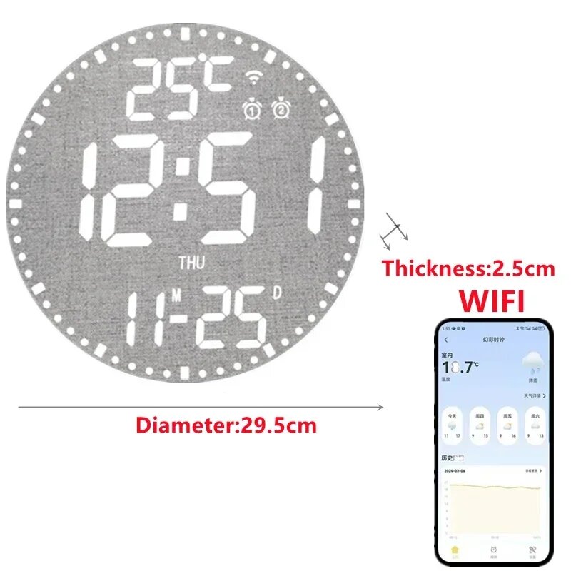 Dreamburgh Smart WiFi Цифровые настенные часы, WIFI White Cloth