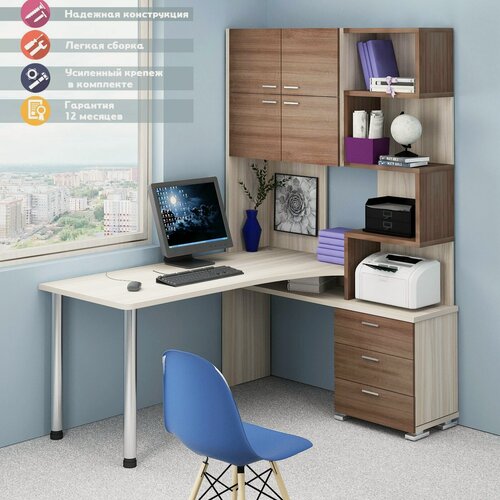 Изображение товара Стол компьютерный Мэрдэс СР-500М/160 кшк-прав Карамель/Шамони/Карамель, с надстройкой, угловой, 130х160х199 см