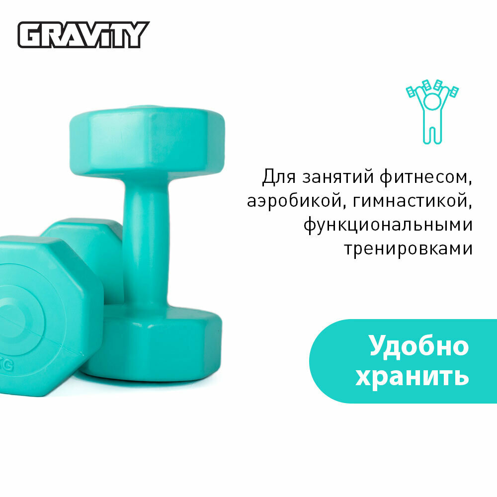 Виниловые гантели Gravity, восьмиугольные, 1.5 кг, пара, бирюзовый — фото 1