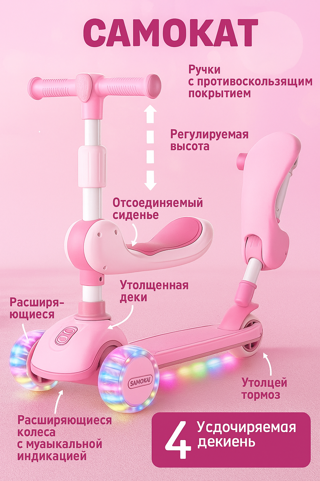 Самокат с горящими колесами, для мальчиков и девочек, детский самокат с сиденьем для детей от 2 до 8 лет — фото 1