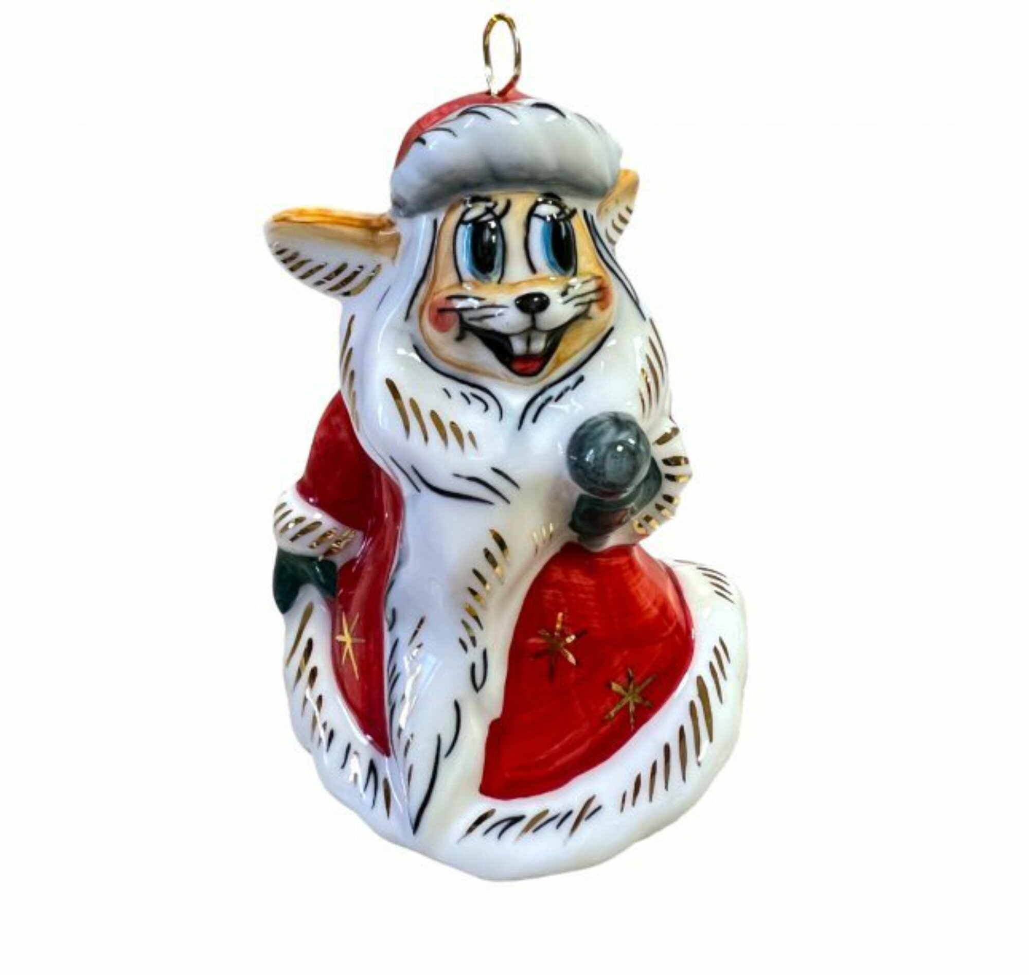 Ёлочная игрушка "Заяц в шубке "Ну погоди" (Лефортовский фарфор) 11 см ручная роспись