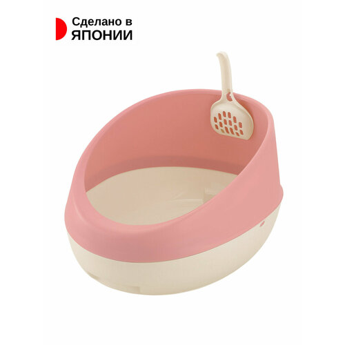 Туалет для кошек с высокими бортиками /Лоток для животных с совком 8,9 л, 46,5х35,5х24,5 см, розовый/бежевый
