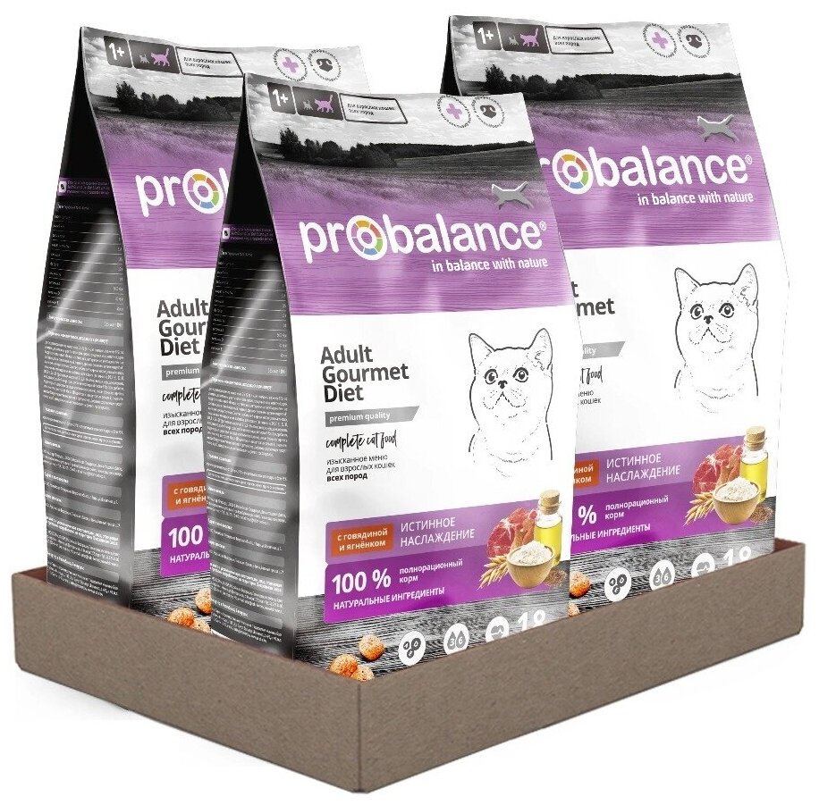 Сухой корм для кошек ProBalance Gourmet Diet, с говядиной, с ягненком 3 шт. х 1.8 кг