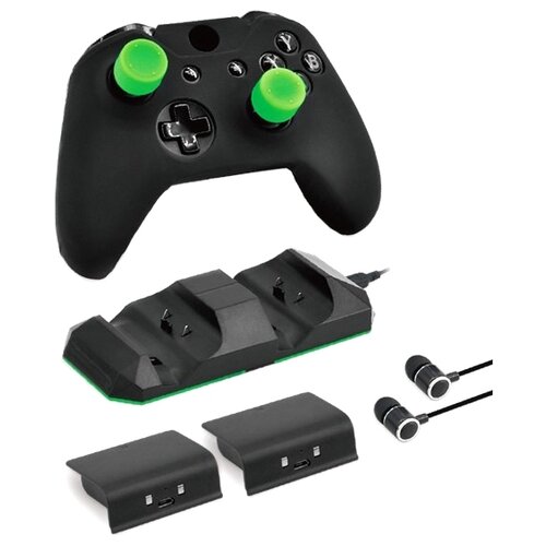 Dobe Комплект аксессуаров Super Game Kit для Xbox One (TP4-1752), черный/зеленый силиконовый чехол dobe для геймпада xbox series x s wireless controller 2 накладки на стики красный tyx 0626