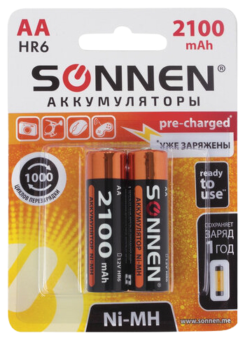 Батарейки аккумуляторные SONNEN, АА (HR06), Ni-Mh, 2100 mAh, 2 шт., в блистере, 454234