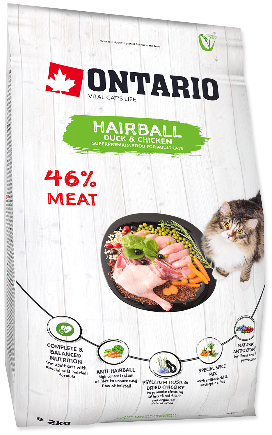 Корм Ontario Hairball для вывода шерсти из желудка, для кошек, с уткой и курицей, 2 кг - фотография № 1