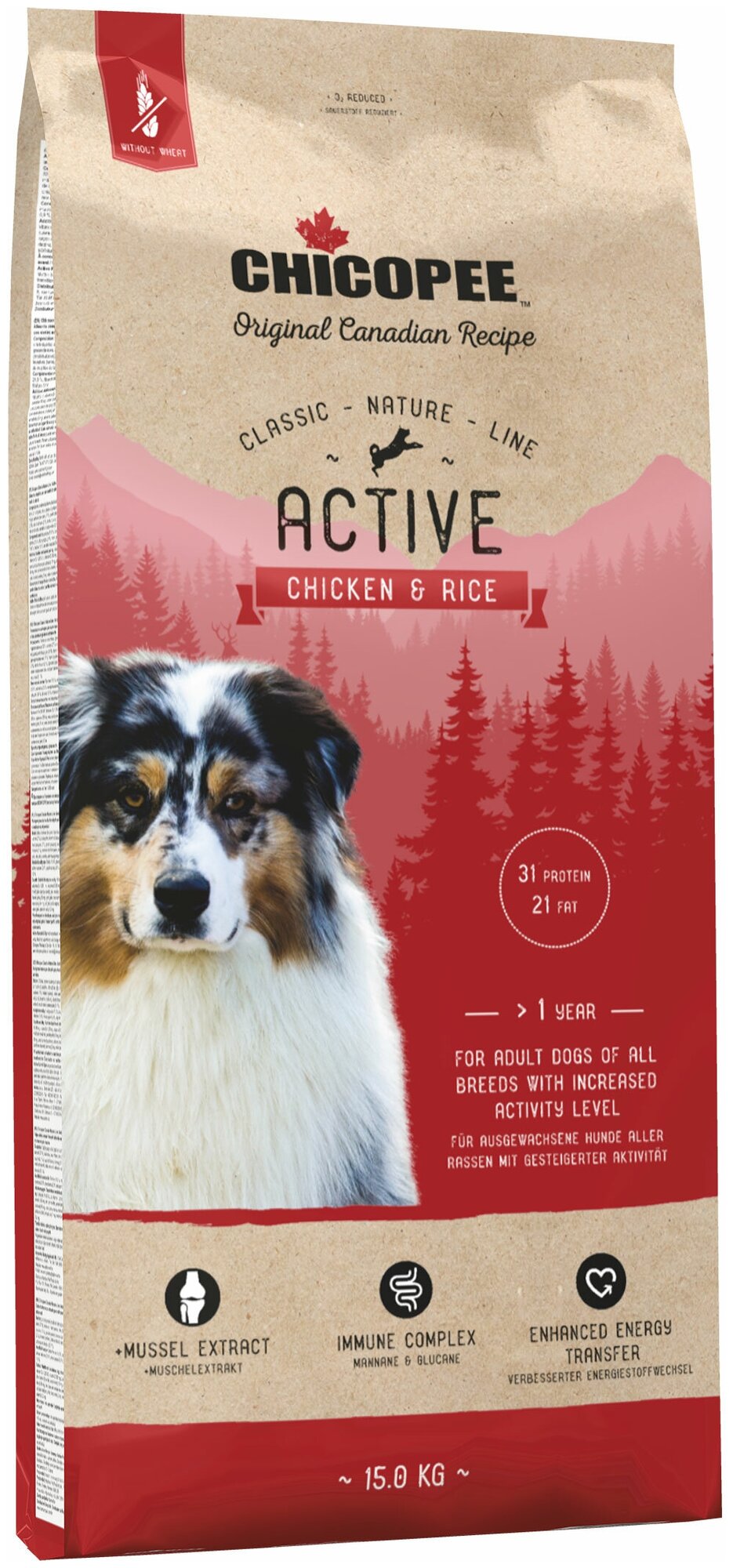 Chicopee CNL Active Chicken & Rice сухой корм для активных собак всех пород с курицей и рисом - 15 кг