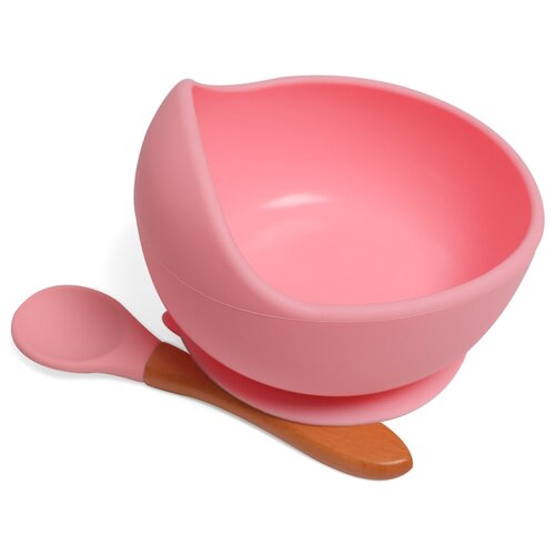 фото Комплект детской посуды из силикона тарелка на присоске с ложкой, розовый baby nice