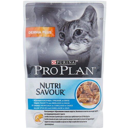 Корм PRO PLAN Nutrisavour Derma Plus для взрослых кошек с чувствительной кожей, треска в соусе 26шт.*85г