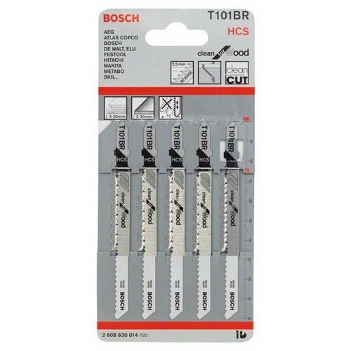 Пилки для лобзика Bosch T101B /БОШ CLEAN for Wood/ 2608630030 5 шт Чистые прямые пропилы в древесине и фанере 5250310 пилки для лобзика sturm t101d 5шт прям чист рез 10 45мм мяг древ дсп пласт