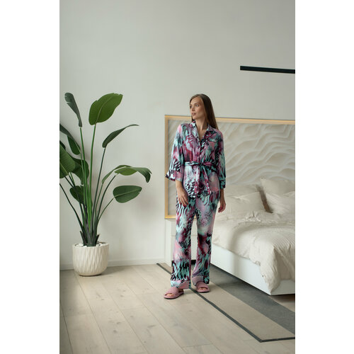 Пижама Pijama Story, рубашка, брюки, застежка пуговицы, длинный рукав, пояс на резинке, карманы, пояс, размер 52, голубой