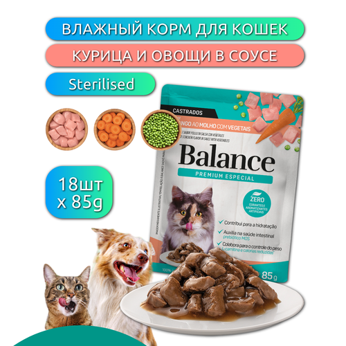 Влажный корм для стерилизованных кошек BALANCE CAT STERILIZED курица в соусе с морковью и горошком 18штх85г