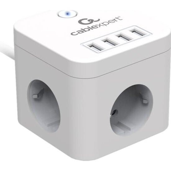 Сетевой фильтр Cablexpert Cube, 3 розетки, 4хUSB, 1.5м, белый, коробка