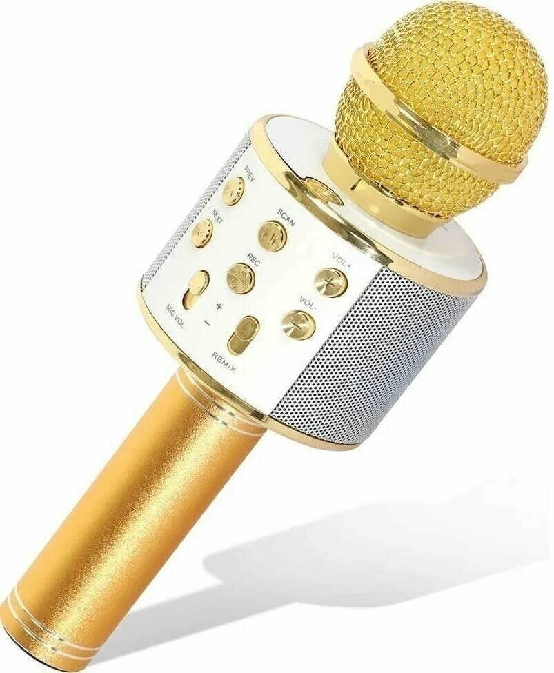 Караоке колонка с микрофоном для вокала WS-858, микрофон блютуз bluetooth, 4 стиля голоса, золотой