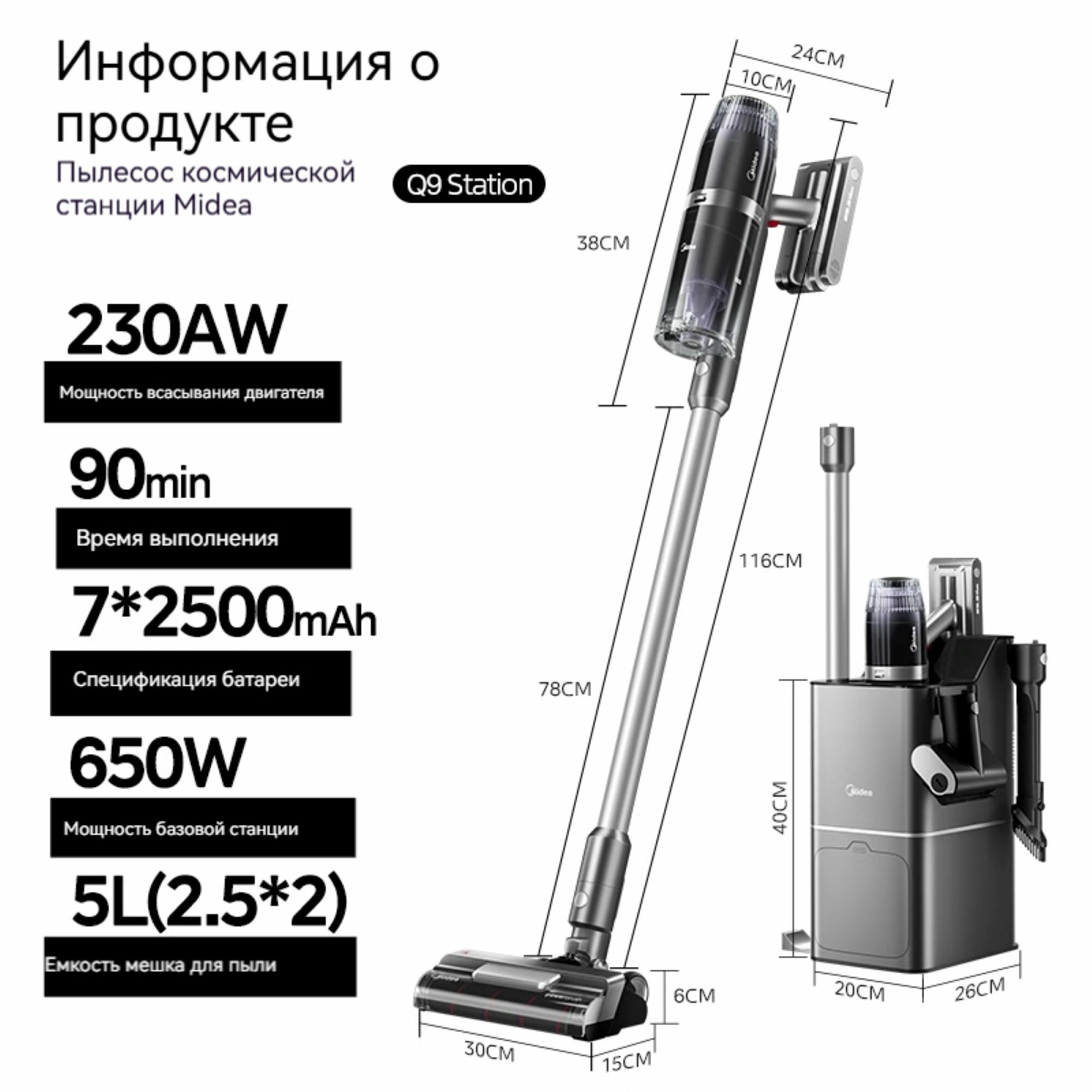 Midea，Q9 Workstation, вертикальный пылесос, 230 Вт, 26 кПа, 90 мин, 17500 мА/ч, 650 Вт, черно-серый