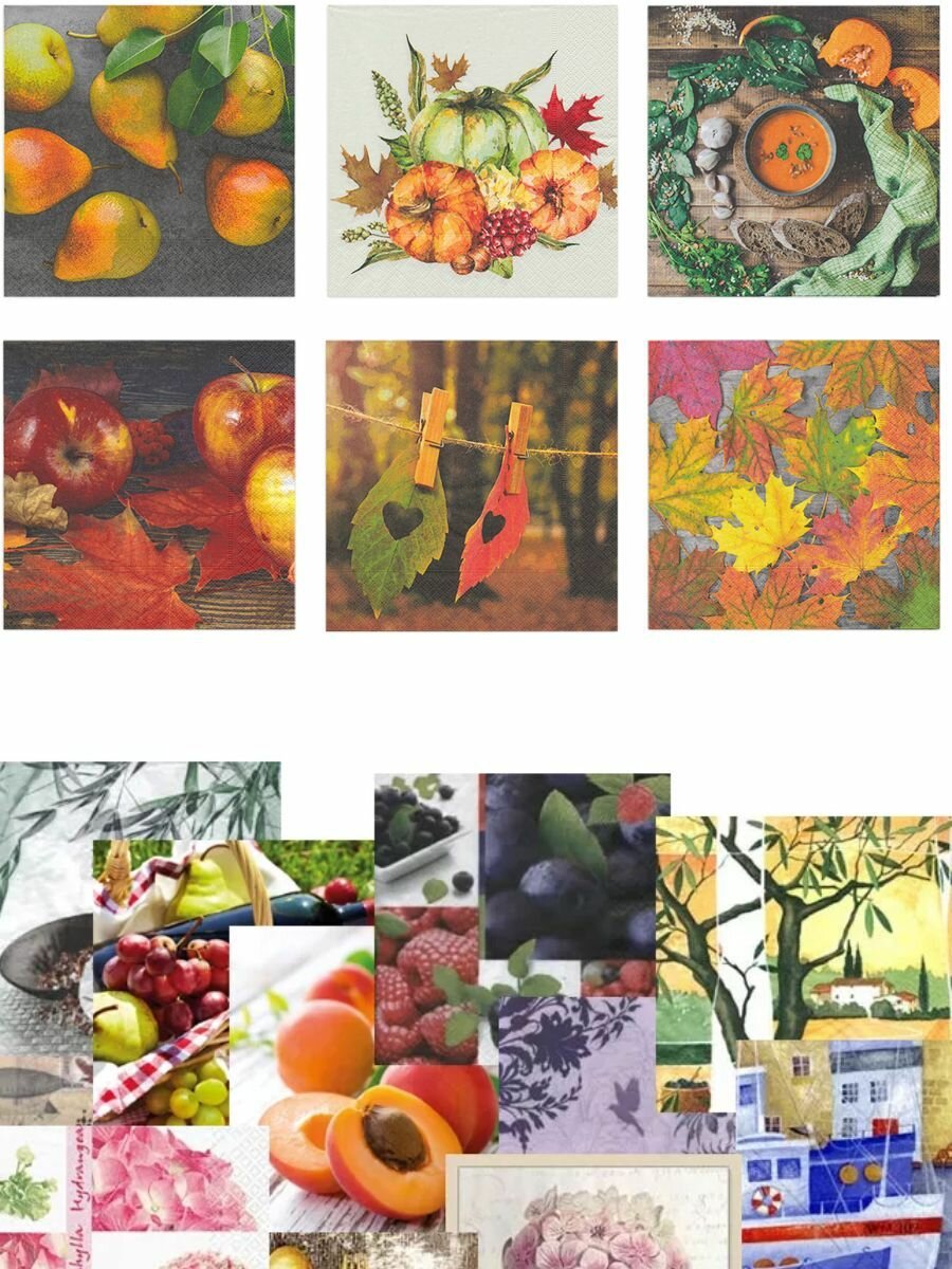 Салфетки бумажные ассорти трехслойные  Собираем урожай   33 x 33 см  6 4 шт   