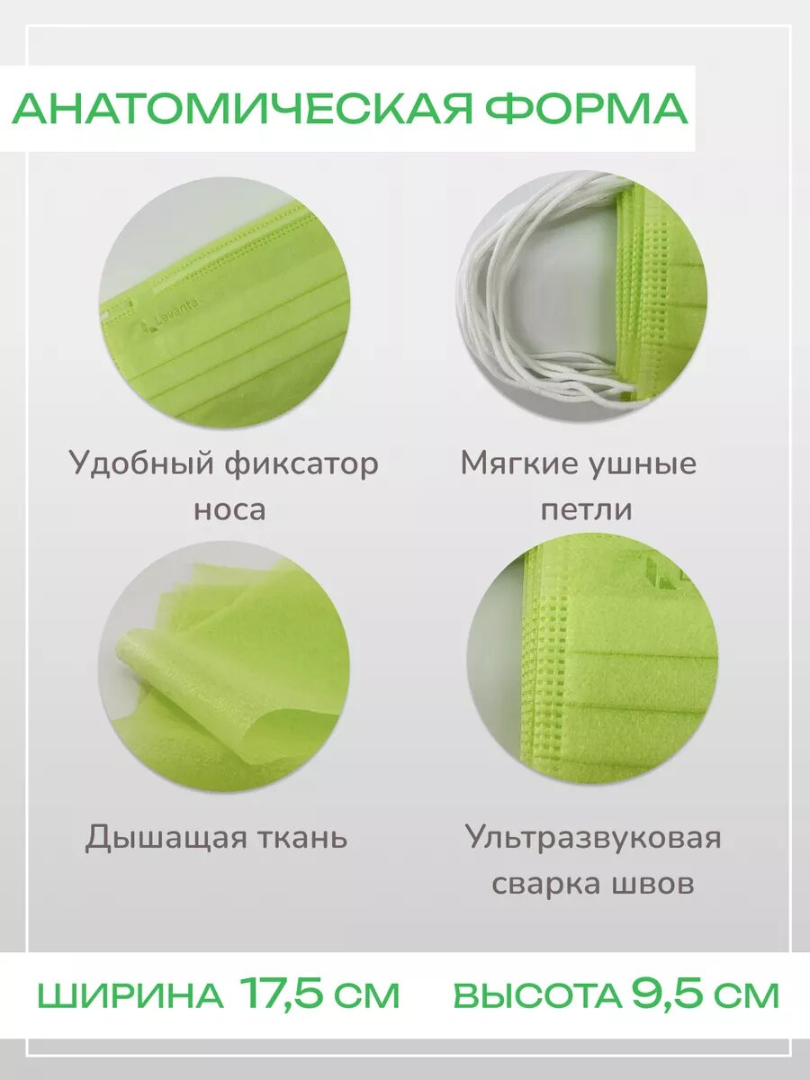 Изображение Маски медицинские зеленые одноразовые трехслойные 50 штук