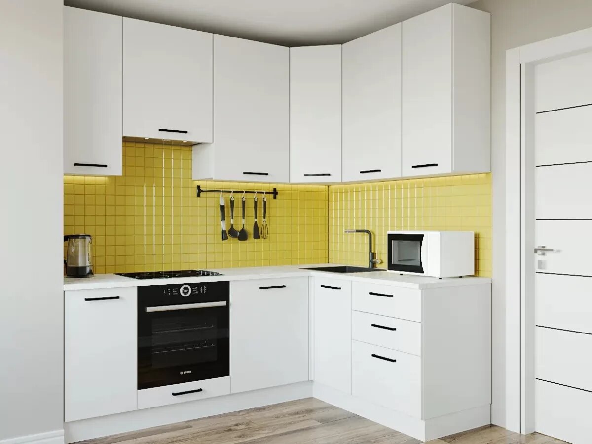 Кухонный гарнитур Sanvut угловой Белый Глянец-2200х1600 МДФ столешница 26 мм, каркас ЛДСП, фасад МДФ, Белый/Белый глянец