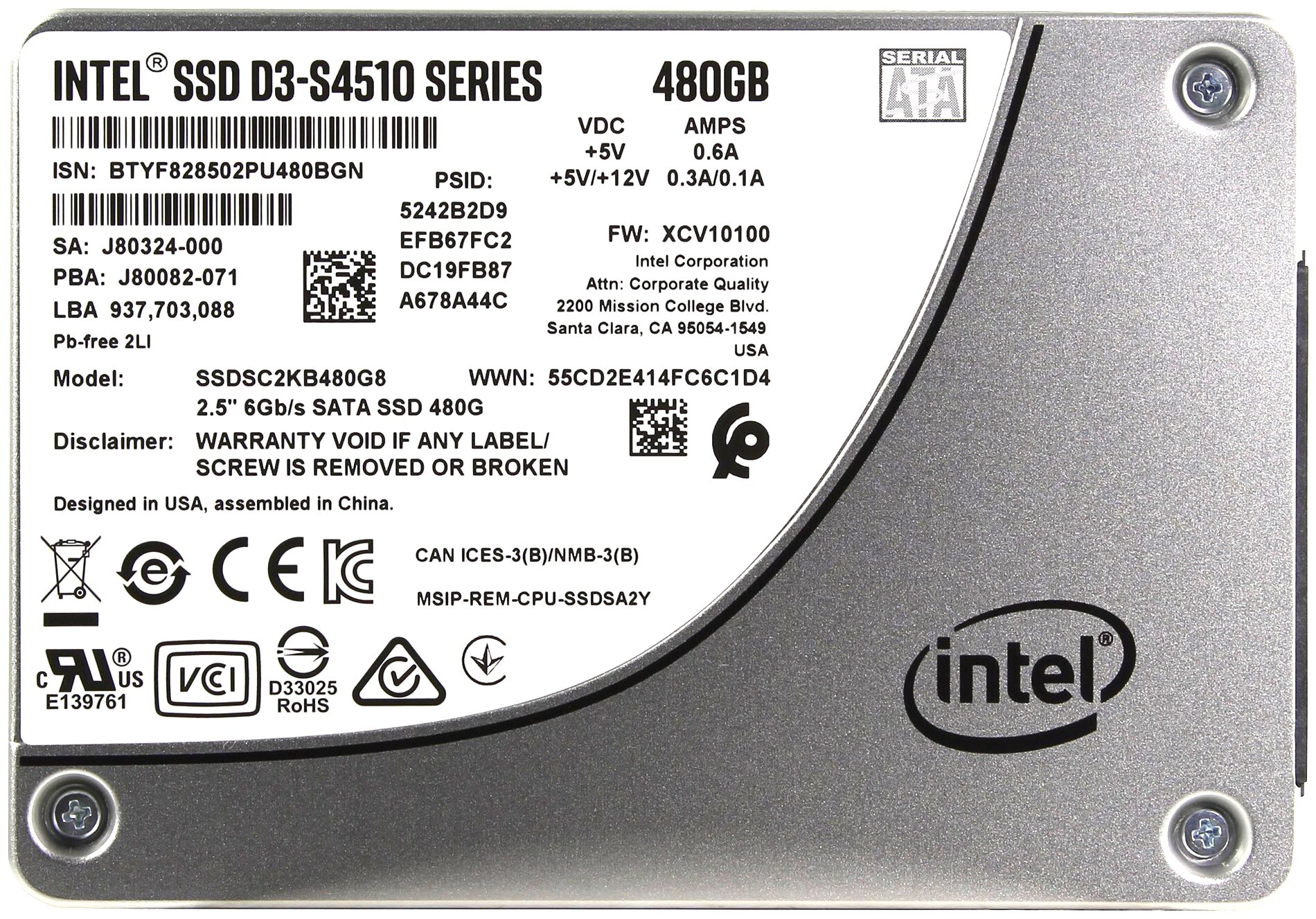 SSD диск INTEL 2.5" D3-S4510 480Gb SATA 3D NAND TLC SSDSC2KB480G801