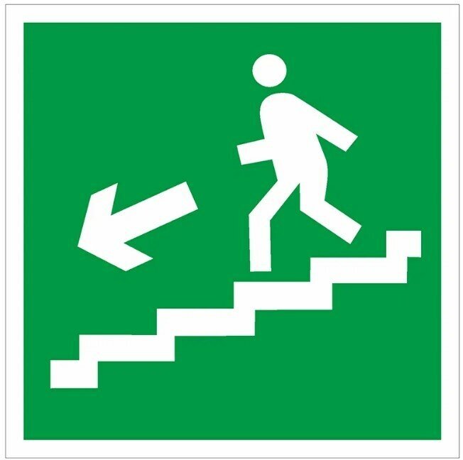 Наклейки Направление к эвакуационному выходу по лестнице вниз налево по госту Е-14, кол-во 1шт. (200x100мм), Наклейки, Матовая, С клеевым слоем