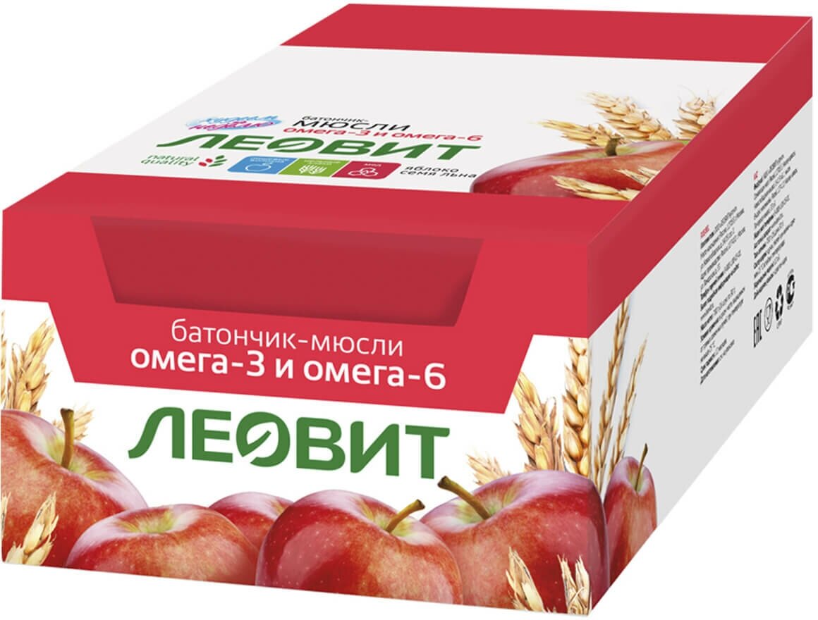 Батончик-мюсли с яблоком и семенем льна, 26 шт по 30 г, леовит