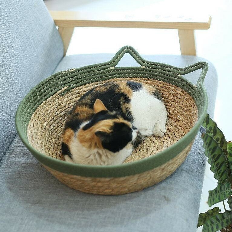 Лежанка-корзинка зеленая с кошачьими ушами с мягкой подушкой 450x450x150 - фотография № 3