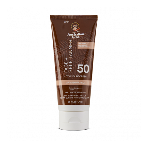 Australian Gold Face + Self Tanner Lotion Sunscreen SPF50 СПФ 50 для лица. australian gold ultimate hydration lotion sunscreen spf50 travel size солнцезащитный лосьон spf50