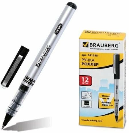 Ручка-роллер BRAUBERG "Flagman", корпус серебристый, хромированные детали, узел 0,5 мм, линия 0,3 мм, черная, RP102 (арт. 141555)