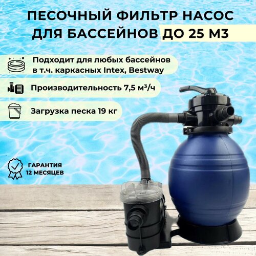 Песочный фильтр для бассейна до 25м3 - насос 7.5 м. куб/час, 0.25 кВт, для всех бассейнов (в т. ч. Intex, Bestway) Poolline 72013