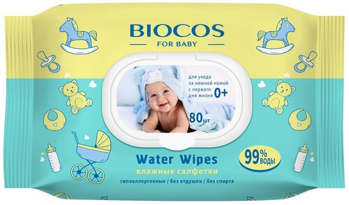 Влажные салфетки BioCos Water Wipes, пластиковая крышка, 80 шт., 1 уп.